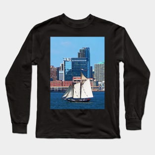 Manhattan NY - Yacht Against Manhattan Skyline Long Sleeve T-Shirt